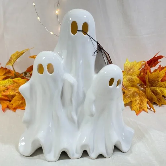 Hallow Home Ceramic Led Light Up Spooky Ghost Trio Halloween Decor 11" New - Picture 4 of 7
